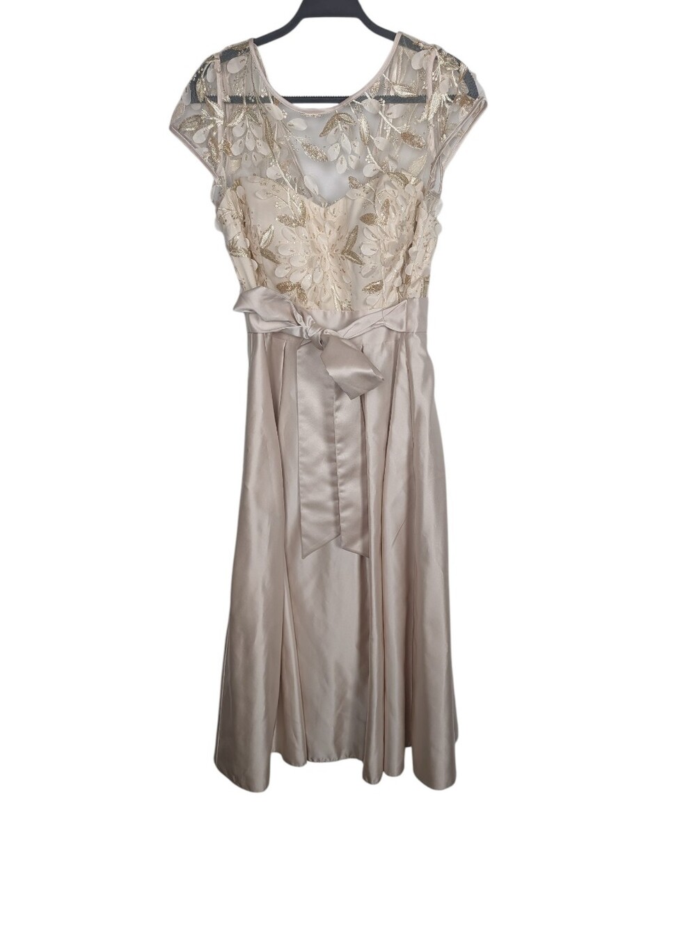Xscape Floral Applique Champagne Cap Sleeve‎ Tie Tea Length Midi Dress Size 12